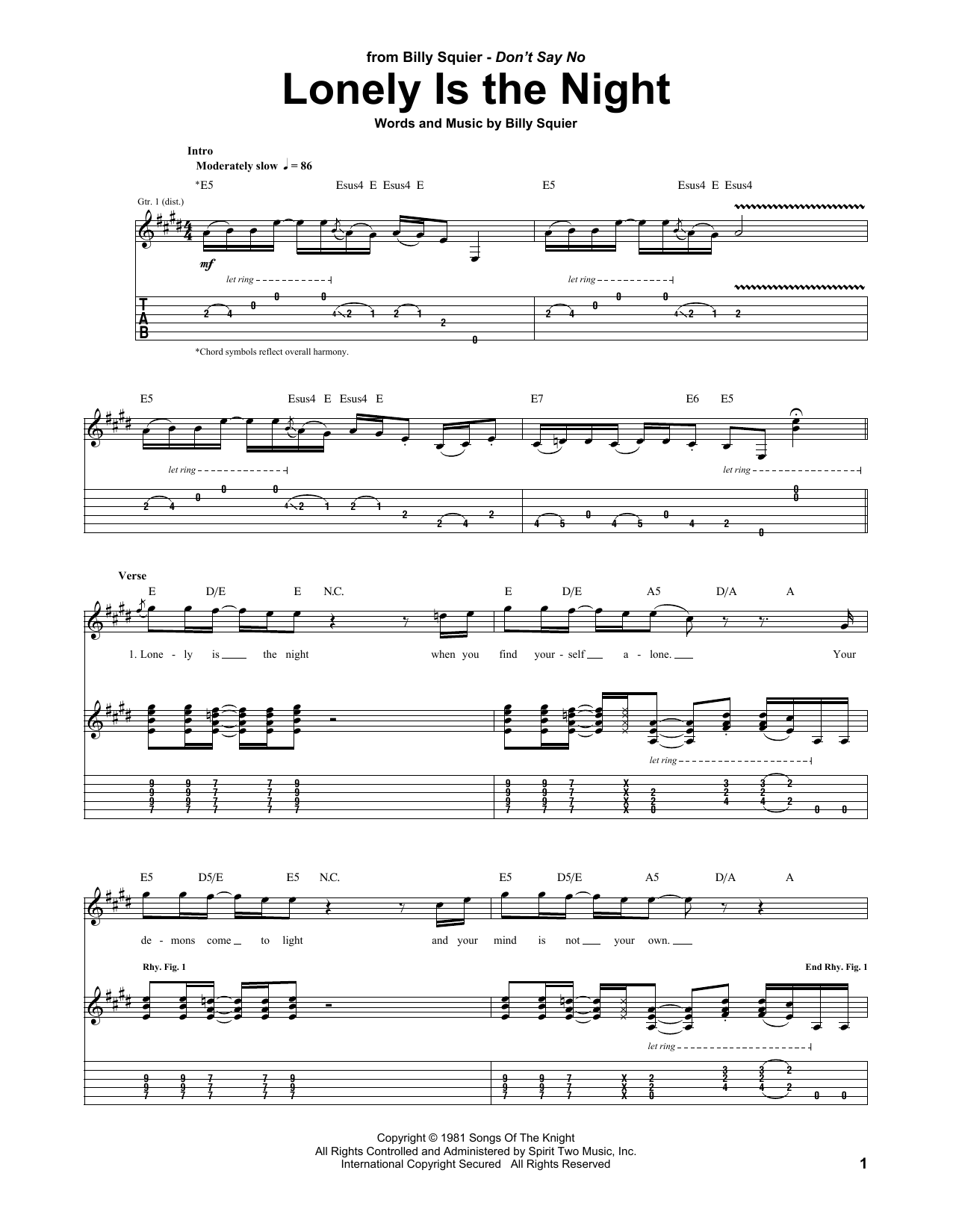 Billy Squier Lonely Is The Night Sheet Music Notes & Chords for Guitar Tab - Download or Print PDF