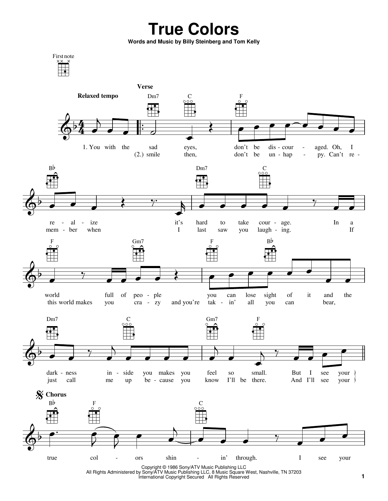 Billy Steinberg True Colors Sheet Music Notes & Chords for Ukulele - Download or Print PDF