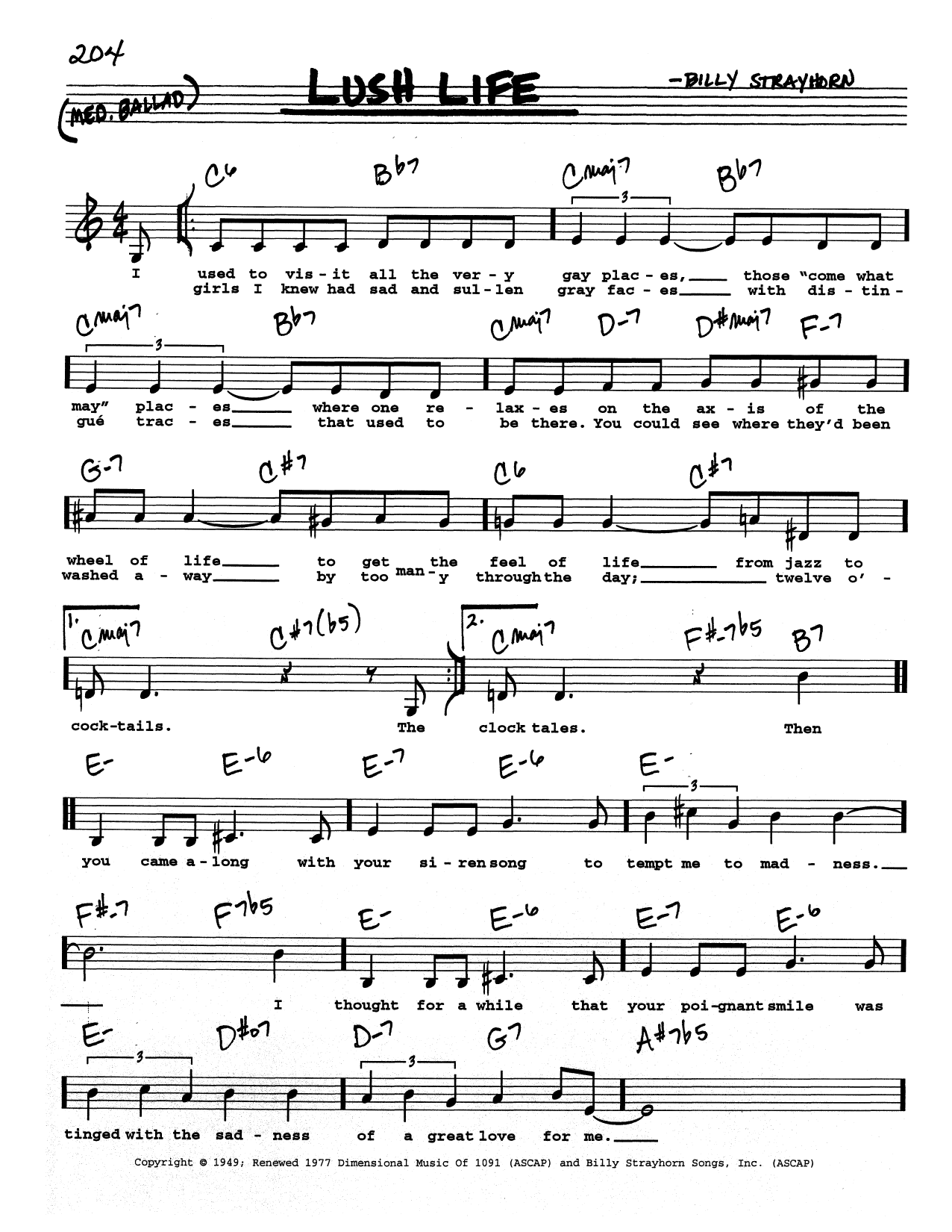 Billy Strayhorn Lush Life (Low Voice) Sheet Music Notes & Chords for Real Book – Melody, Lyrics & Chords - Download or Print PDF