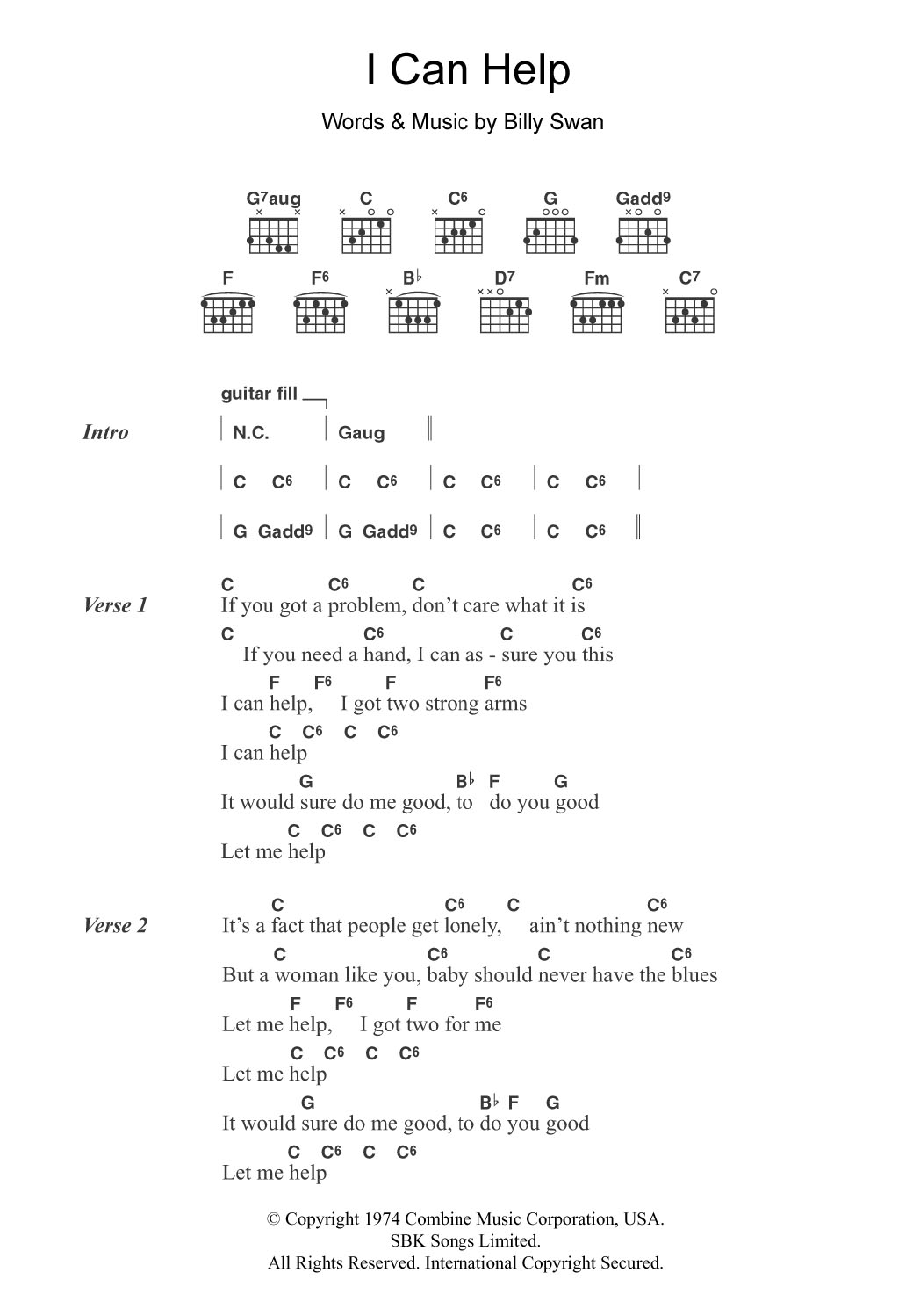 Billy Swan I Can Help Sheet Music Notes & Chords for Piano, Vocal & Guitar (Right-Hand Melody) - Download or Print PDF