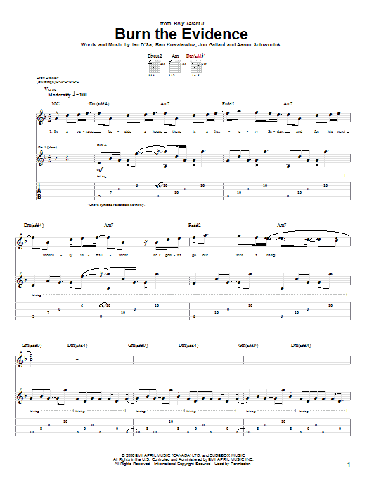 Billy Talent Burn The Evidence Sheet Music Notes & Chords for Guitar Tab - Download or Print PDF