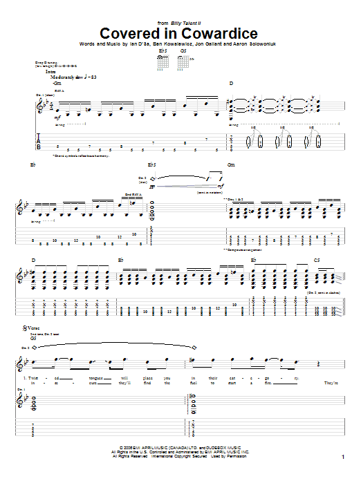 Billy Talent Covered In Cowardice Sheet Music Notes & Chords for Guitar Tab - Download or Print PDF