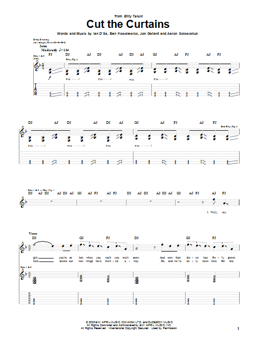 Billy Talent Cut The Curtains Sheet Music Notes & Chords for Guitar Tab - Download or Print PDF