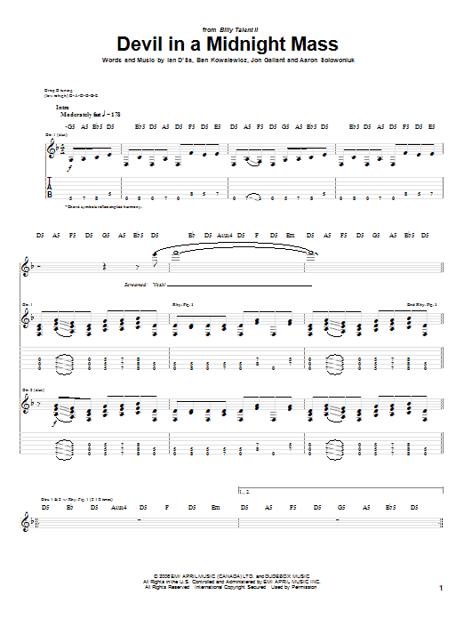 Billy Talent Devil In A Midnight Mass Sheet Music Notes & Chords for Guitar Tab - Download or Print PDF