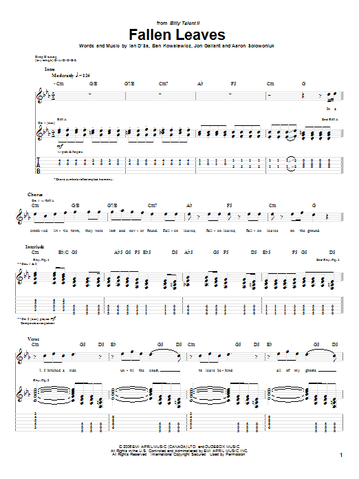 Billy Talent Fallen Leaves Sheet Music Notes & Chords for Guitar Tab - Download or Print PDF