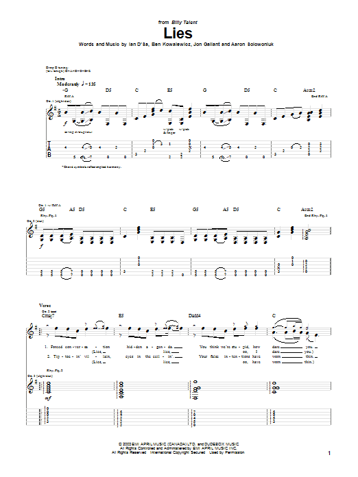 Billy Talent Lies Sheet Music Notes & Chords for Guitar Tab - Download or Print PDF