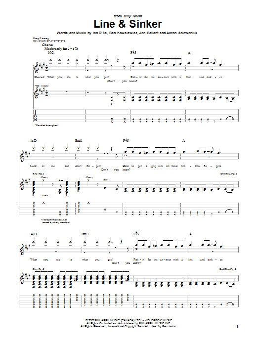 Billy Talent Line & Sinker Sheet Music Notes & Chords for Guitar Tab - Download or Print PDF