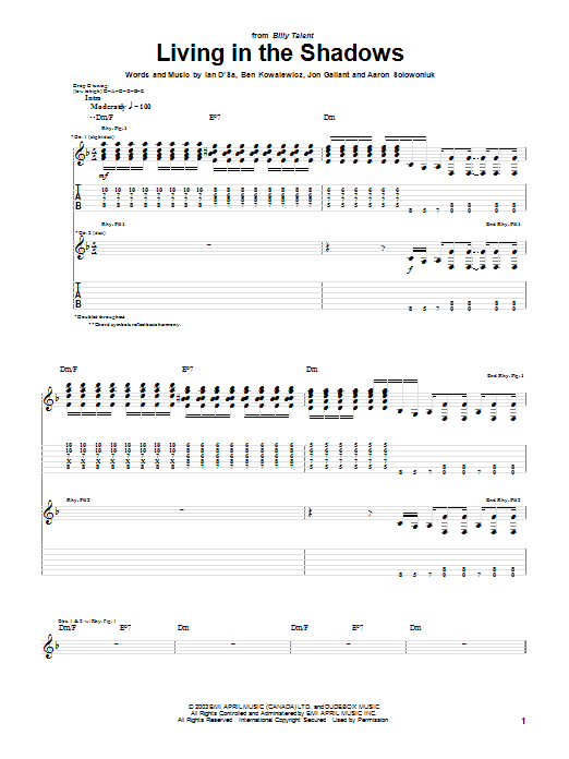 Billy Talent Living In The Shadows Sheet Music Notes & Chords for Guitar Tab - Download or Print PDF