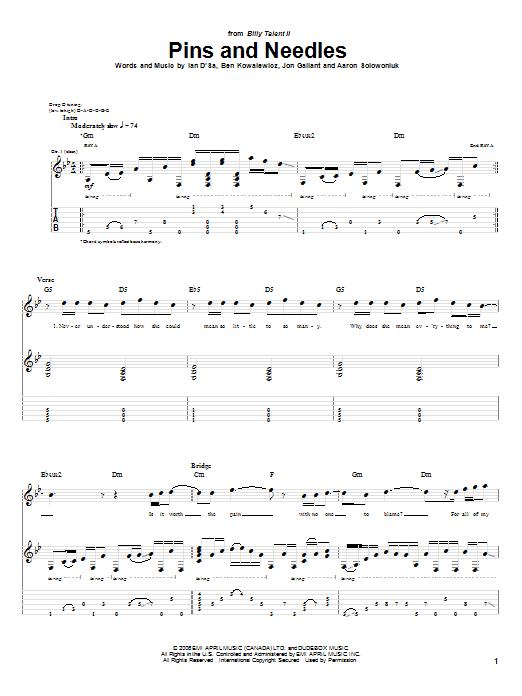 Billy Talent Pins And Needles Sheet Music Notes & Chords for Guitar Tab - Download or Print PDF