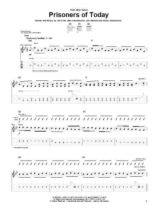 Billy Talent Prisoners Of Today Sheet Music Notes & Chords for Guitar Tab - Download or Print PDF