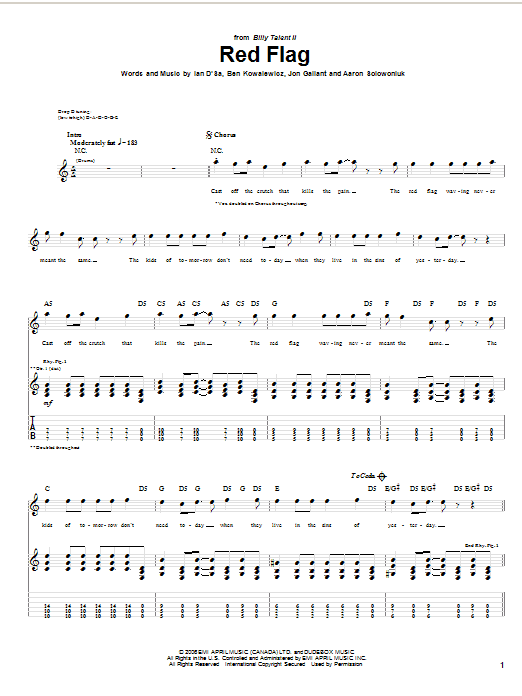 Billy Talent Red Flag Sheet Music Notes & Chords for Guitar Tab - Download or Print PDF