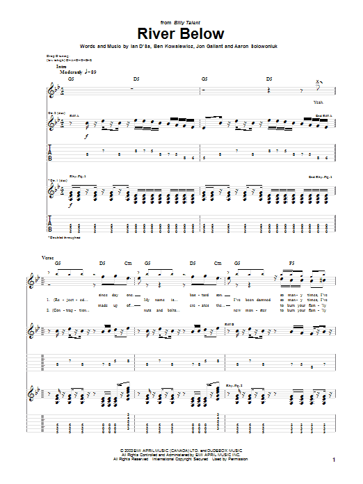 Billy Talent River Below Sheet Music Notes & Chords for Guitar Tab - Download or Print PDF
