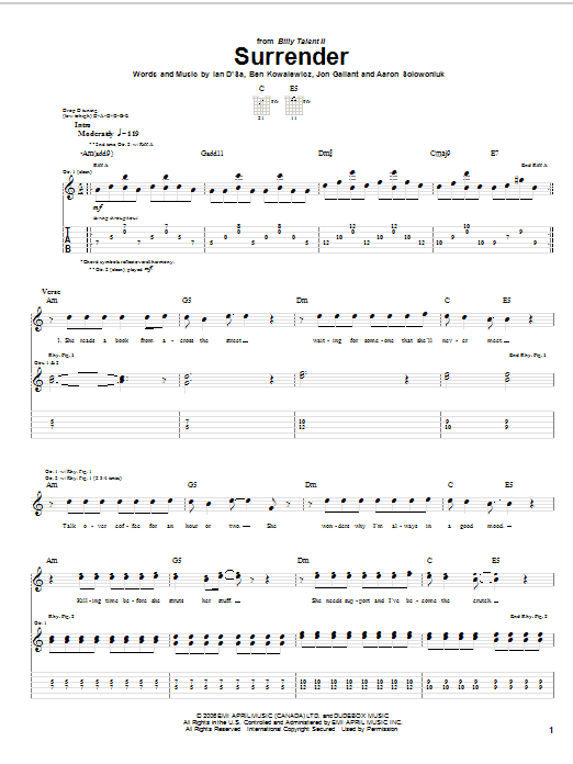 Billy Talent Surrender Sheet Music Notes & Chords for Guitar Tab - Download or Print PDF