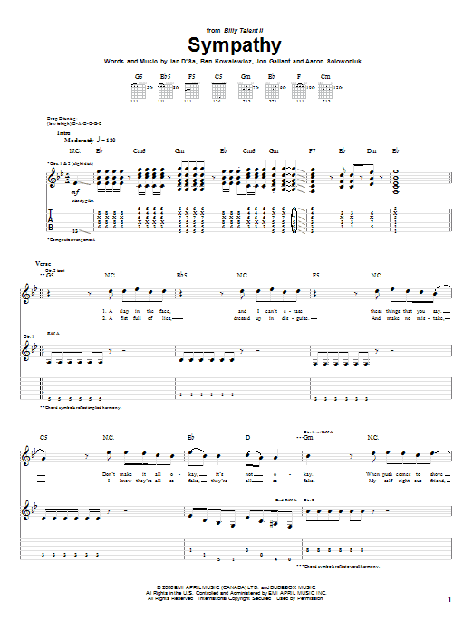 Billy Talent Sympathy Sheet Music Notes & Chords for Guitar Tab - Download or Print PDF