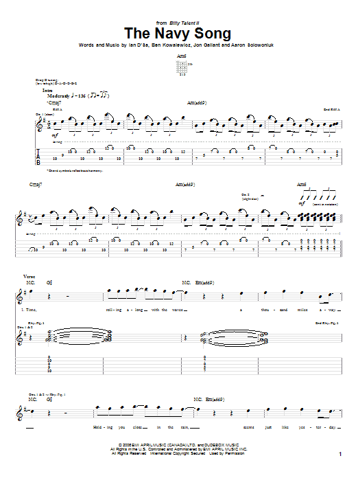 Billy Talent The Navy Song Sheet Music Notes & Chords for Guitar Tab - Download or Print PDF