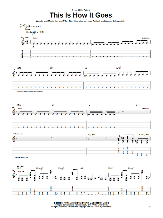 Billy Talent This Is How It Goes Sheet Music Notes & Chords for Guitar Tab - Download or Print PDF