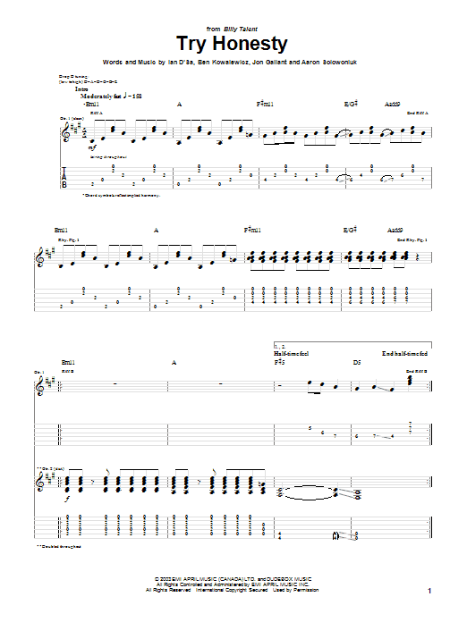 Billy Talent Try Honesty Sheet Music Notes & Chords for Guitar Tab - Download or Print PDF