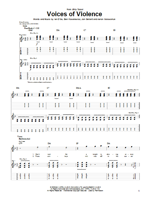 Billy Talent Voices Of Violence Sheet Music Notes & Chords for Guitar Tab - Download or Print PDF