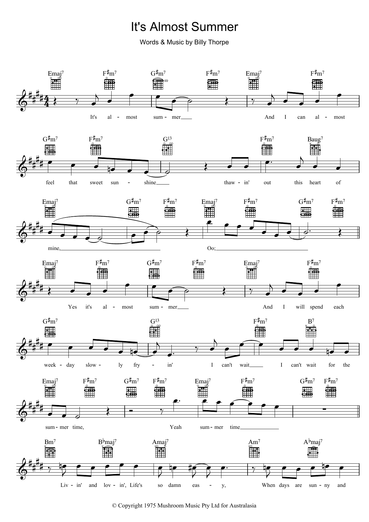 Billy Thorpe It's Almost Summer Sheet Music Notes & Chords for Melody Line, Lyrics & Chords - Download or Print PDF