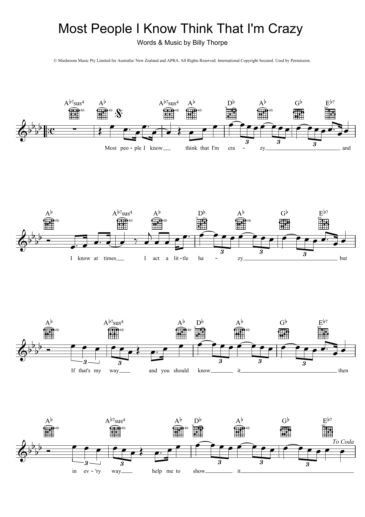 Billy Thorpe Most People I Know Think That I'm Crazy Sheet Music Notes & Chords for Melody Line, Lyrics & Chords - Download or Print PDF