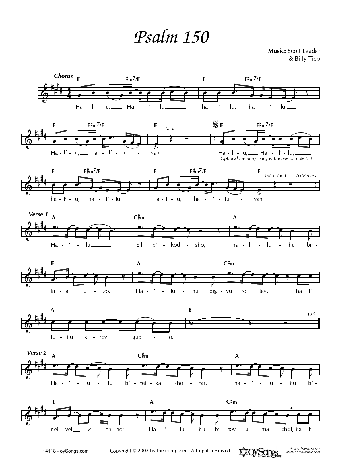 Billy Tiep Psalm 150 Sheet Music Notes & Chords for Melody Line, Lyrics & Chords - Download or Print PDF