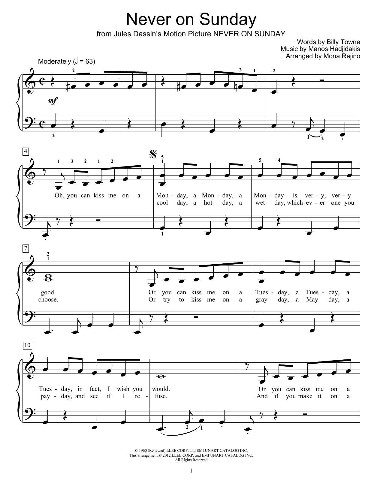 Billy Towne Never On Sunday Sheet Music Notes & Chords for Real Book – Melody & Chords - Download or Print PDF