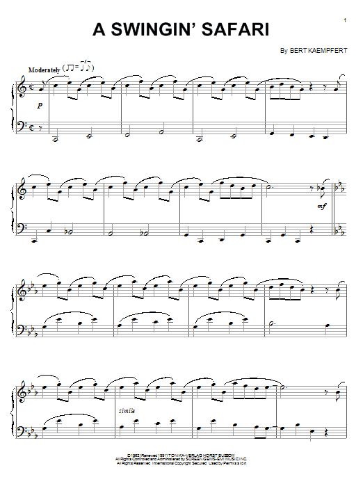 Billy Vaughn A Swingin' Safari Sheet Music Notes & Chords for Piano Solo - Download or Print PDF