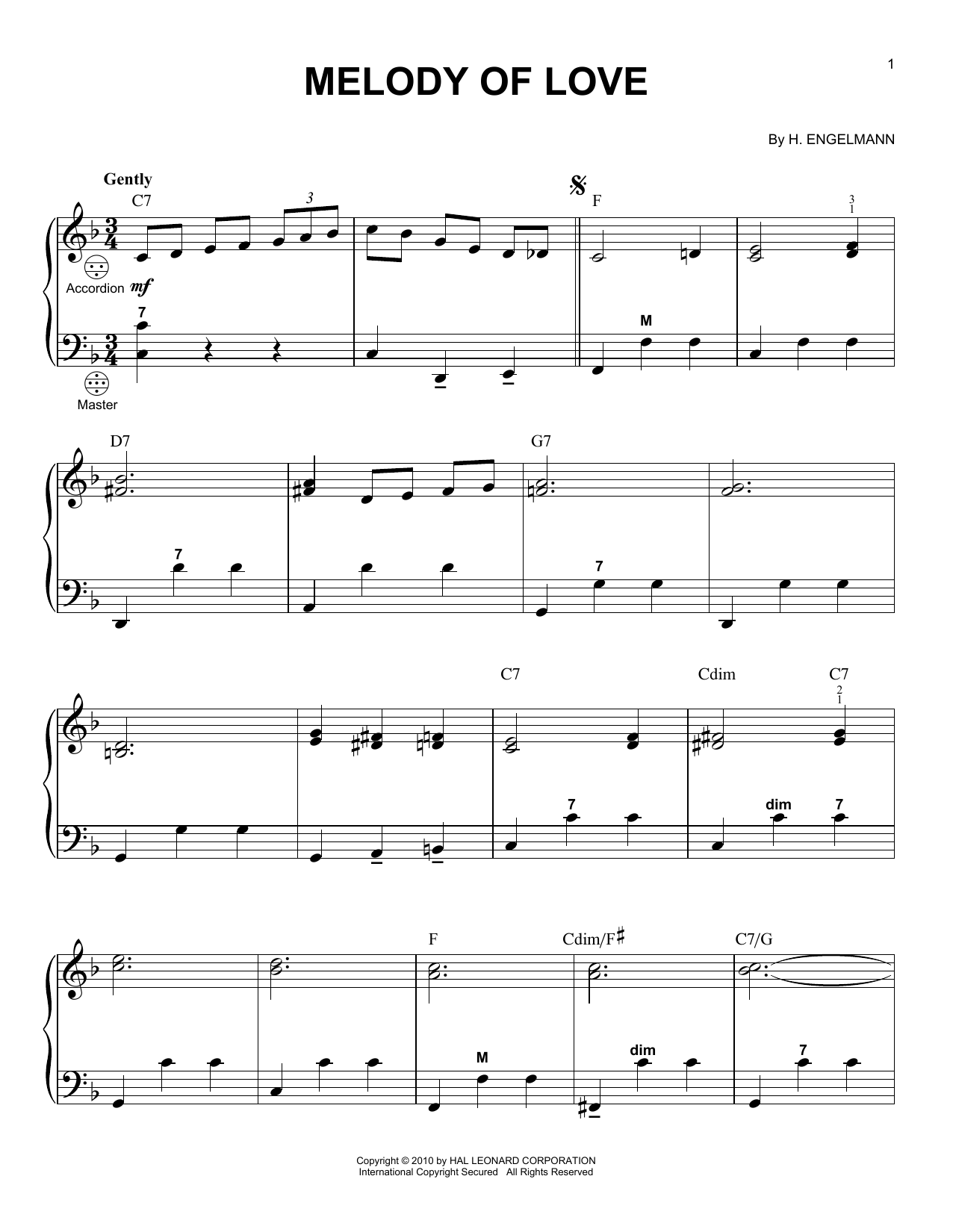 Billy Vaughn Melody Of Love Sheet Music Notes & Chords for Accordion - Download or Print PDF