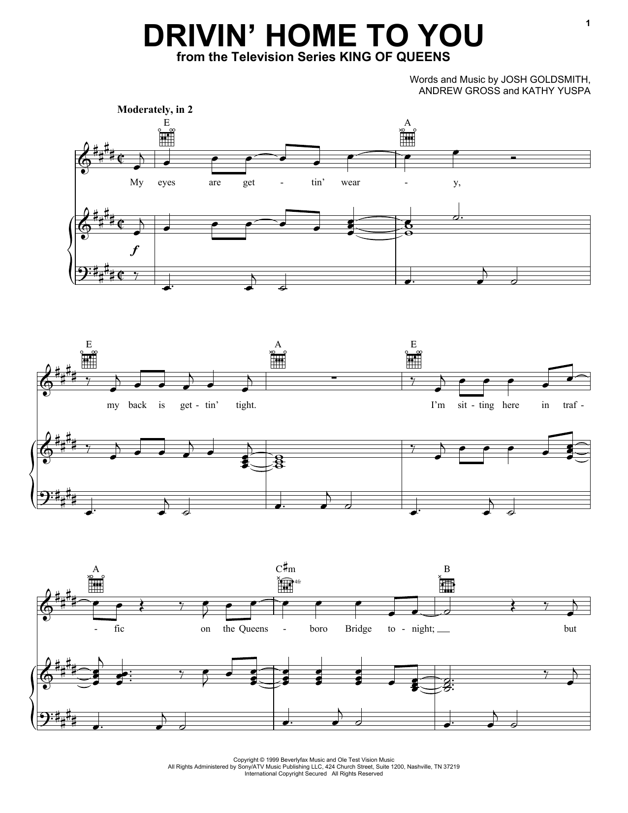 Billy Vera Drivin' Home To You (from King of Queens) Sheet Music Notes & Chords for Piano, Vocal & Guitar (Right-Hand Melody) - Download or Print PDF