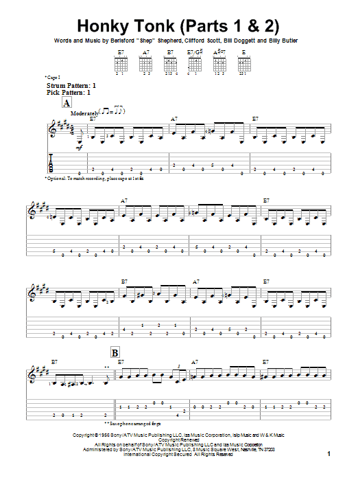 Preview Billy Butler Honky Tonk (Parts 1 & 2) Rock sheet music, notes and chords for Easy Guitar Tab, SKU: 72880 Honky Tonk (Parts 1 & 2) sheet music