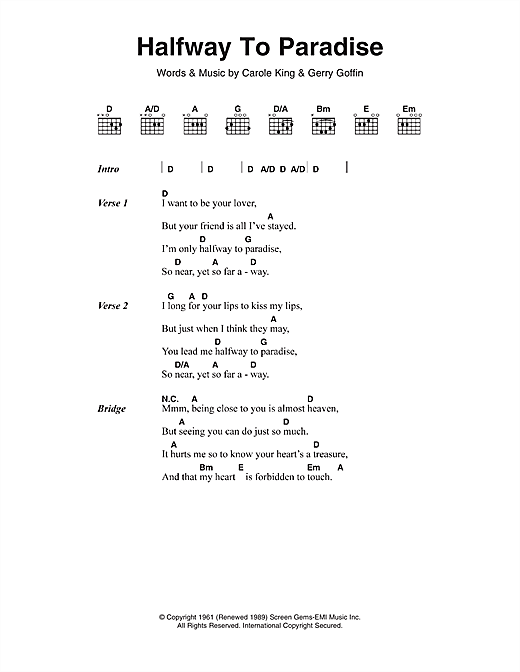 Billy Fury Halfway To Paradise Sheet Music Notes & Chords for Lyrics & Chords - Download or Print PDF