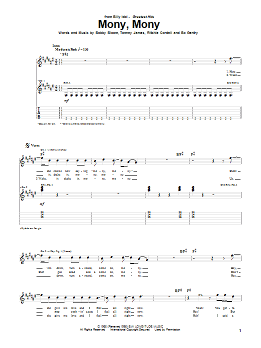 Preview Billy Idol Mony, Mony Pop sheet music, notes and chords for Guitar Tab, SKU: 22789 Mony, Mony sheet music