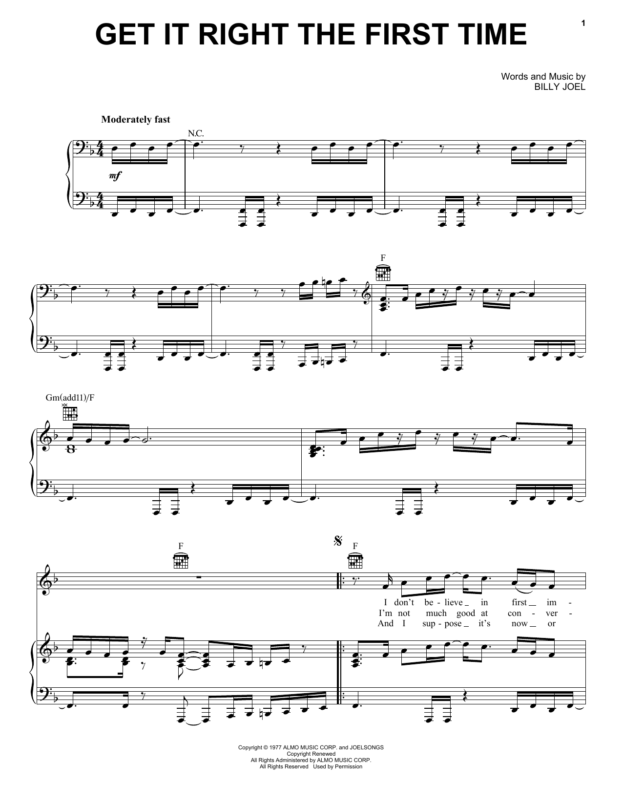Preview Billy Joel Get It Right The First Time Rock sheet music, notes and chords for Piano, Vocal & Guitar (Right-Hand Melody), SKU: 72894 Get It Right The First Time sheet music