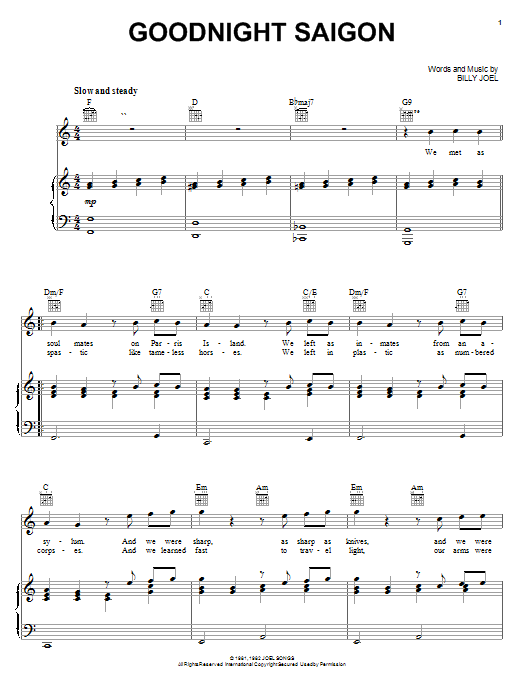 Preview Billy Joel Goodnight Saigon Rock sheet music, notes and chords for Piano, Vocal & Guitar (Right-Hand Melody), SKU: 23361 sheet music, piano notes, chords, guitar tabs, score, transpose, transcribe, how to play, guide, download, learn, tutorial, progression, song, artist, awards, billboard, mtv, vh1, tour, single, album, release