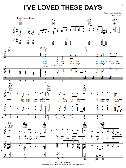 Preview Billy Joel I've Loved These Days Rock sheet music, notes and chords for Piano, Vocal & Guitar (Right-Hand Melody), SKU: 23362 sheet music, piano notes, chords, guitar tabs, score, transpose, transcribe, how to play, guide, download, learn, tutorial, progression, song, artist, awards, billboard, mtv, vh1, tour, single, album, release