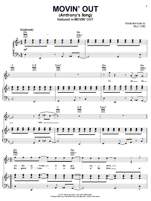 Preview Billy Joel Movin' Out (Anthony's Song) Rock sheet music, notes and chords for Piano, Vocal & Guitar (Right-Hand Melody), SKU: 72895 Movin' Out (Anthony's Song) sheet music