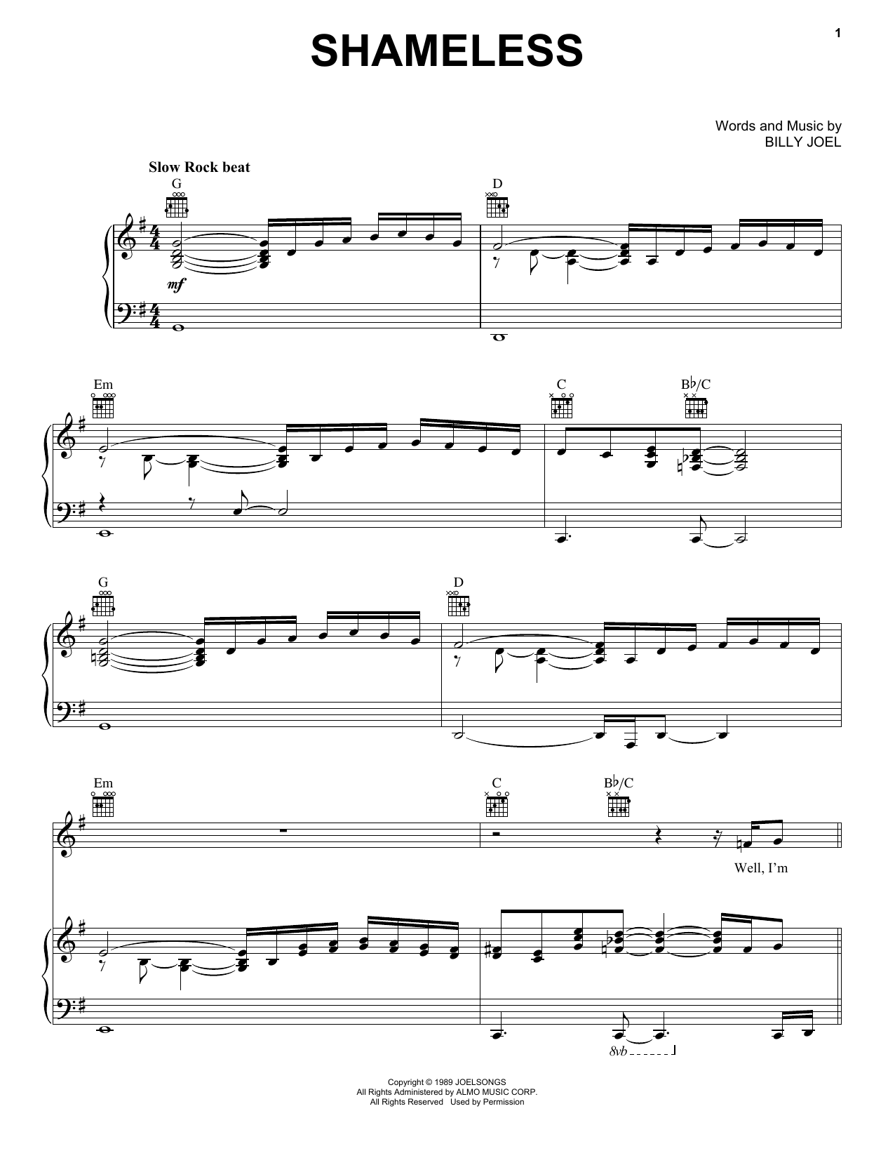 Preview Billy Joel Shameless Pop sheet music, notes and chords for Piano, Vocal & Guitar (Right-Hand Melody), SKU: 23368 Shameless sheet music