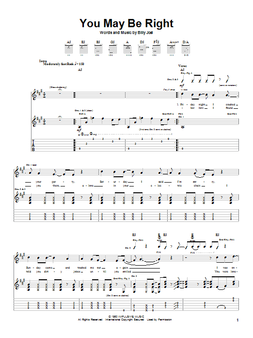 Preview Billy Joel You May Be Right Rock sheet music, notes and chords for Guitar Tab, SKU: 22794 You May Be Right sheet music