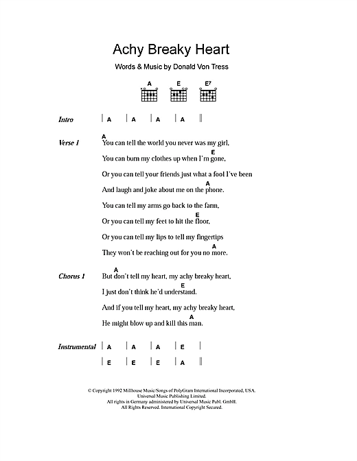 Billy Ray Cyrus Achy Breaky Heart Sheet Music Notes & Chords for Lyrics & Chords - Download or Print PDF