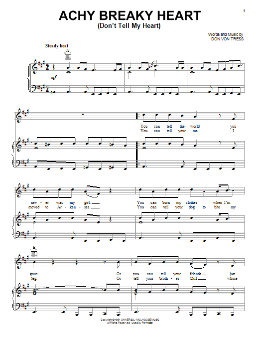 Preview Billy Ray Cyrus Achy Breaky Heart (Don't Tell My Heart) Pop sheet music, notes and chords for Lyrics & Chords, SKU: 84656 Achy Breaky Heart (Don't Tell My Heart) sheet music