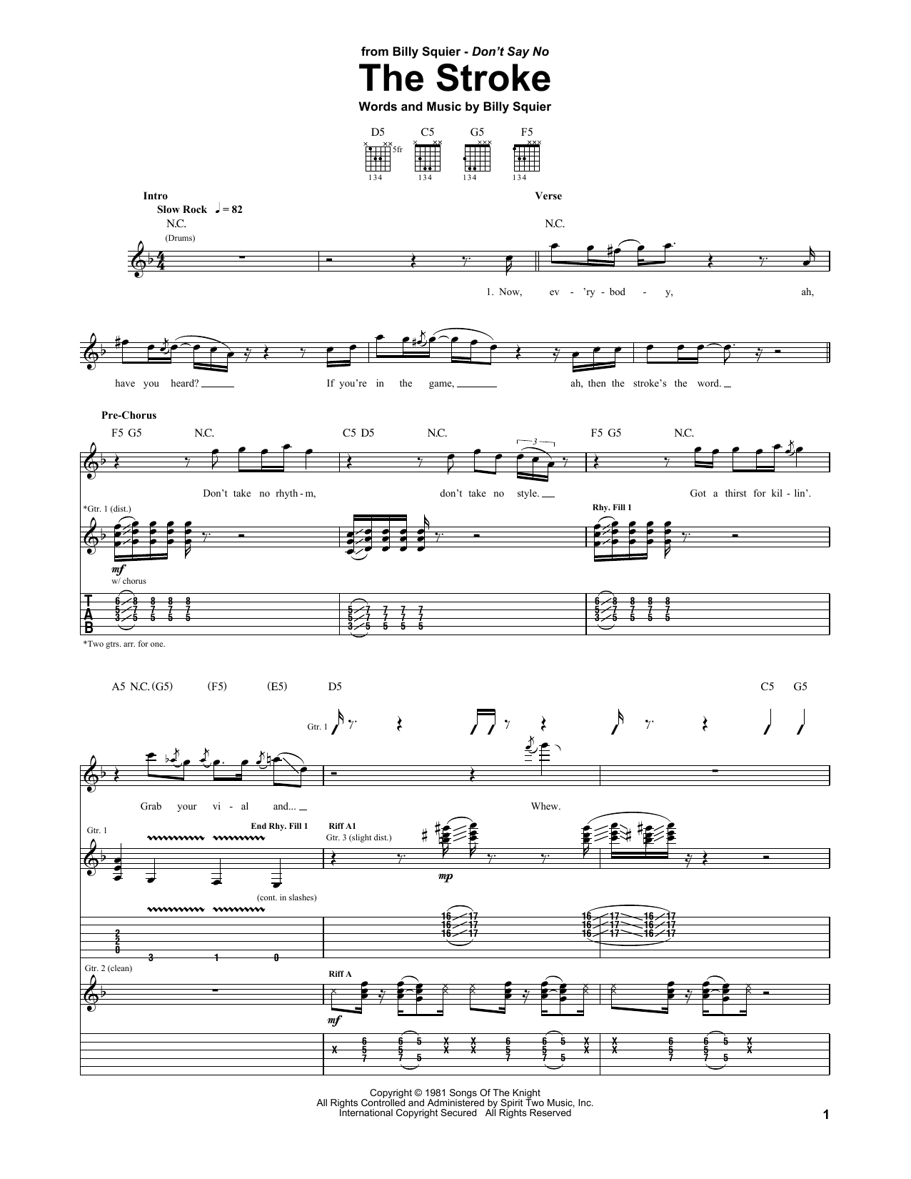Preview Billy Squier The Stroke Rock sheet music, notes and chords for Easy Guitar Tab, SKU: 77374 The Stroke sheet music
