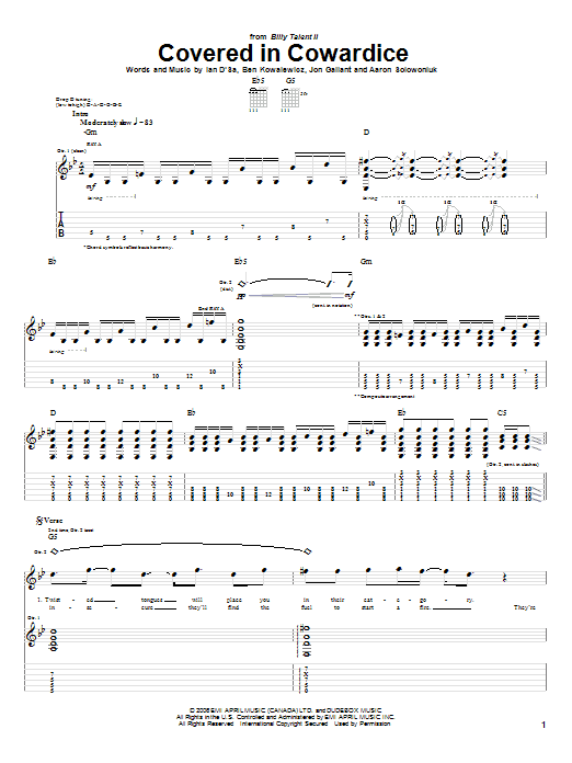 Preview Billy Talent Covered In Cowardice Rock sheet music, notes and chords for Guitar Tab, SKU: 58310 Covered In Cowardice sheet music