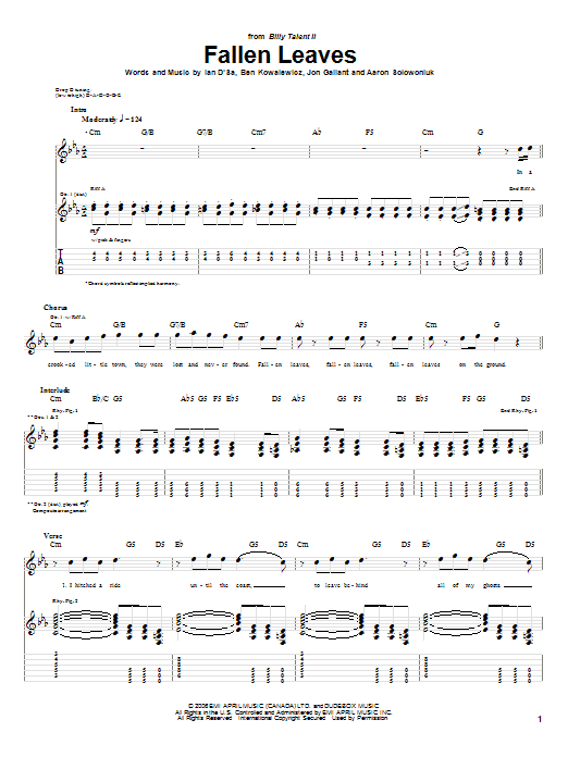 Preview Billy Talent Fallen Leaves Rock sheet music, notes and chords for Guitar Tab, SKU: 58302 Fallen Leaves sheet music