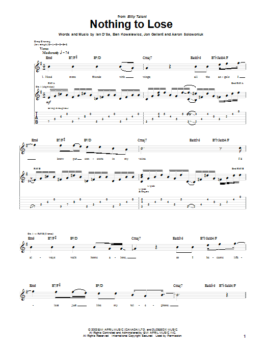 Preview Billy Talent Nothing To Lose Rock sheet music, notes and chords for Guitar Tab, SKU: 54287 Nothing To Lose sheet music