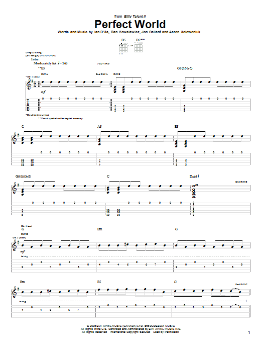 Preview Billy Talent Perfect World Rock sheet music, notes and chords for Guitar Tab, SKU: 58313 Perfect World sheet music