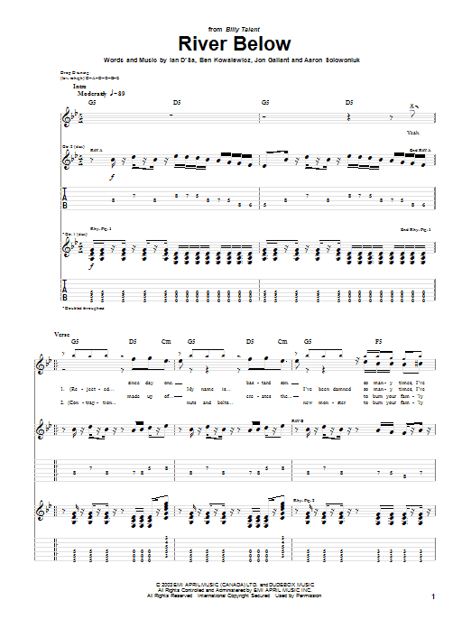 Preview Billy Talent River Below Rock sheet music, notes and chords for Guitar Tab, SKU: 54289 River Below sheet music