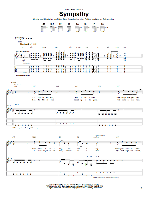 Preview Billy Talent Sympathy Rock sheet music, notes and chords for Guitar Tab, SKU: 58317 Sympathy sheet music
