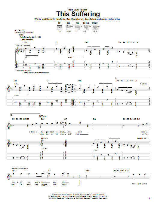 Preview Billy Talent This Suffering Rock sheet music, notes and chords for Guitar Tab, SKU: 58318 This Suffering sheet music