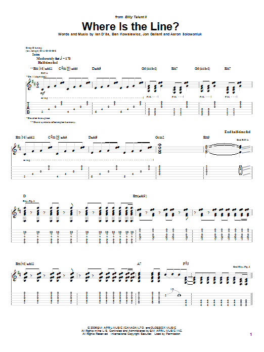 Preview Billy Talent Where Is The Line? Rock sheet music, notes and chords for Guitar Tab, SKU: 58321 Where Is The Line? sheet music