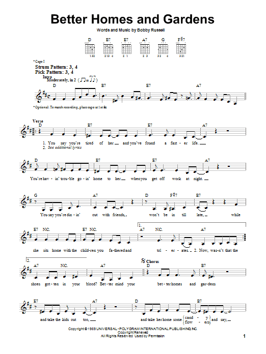 Preview Billy Walker Better Homes And Gardens Country sheet music, notes and chords for Easy Guitar, SKU: 72127 Better Homes And Gardens sheet music
